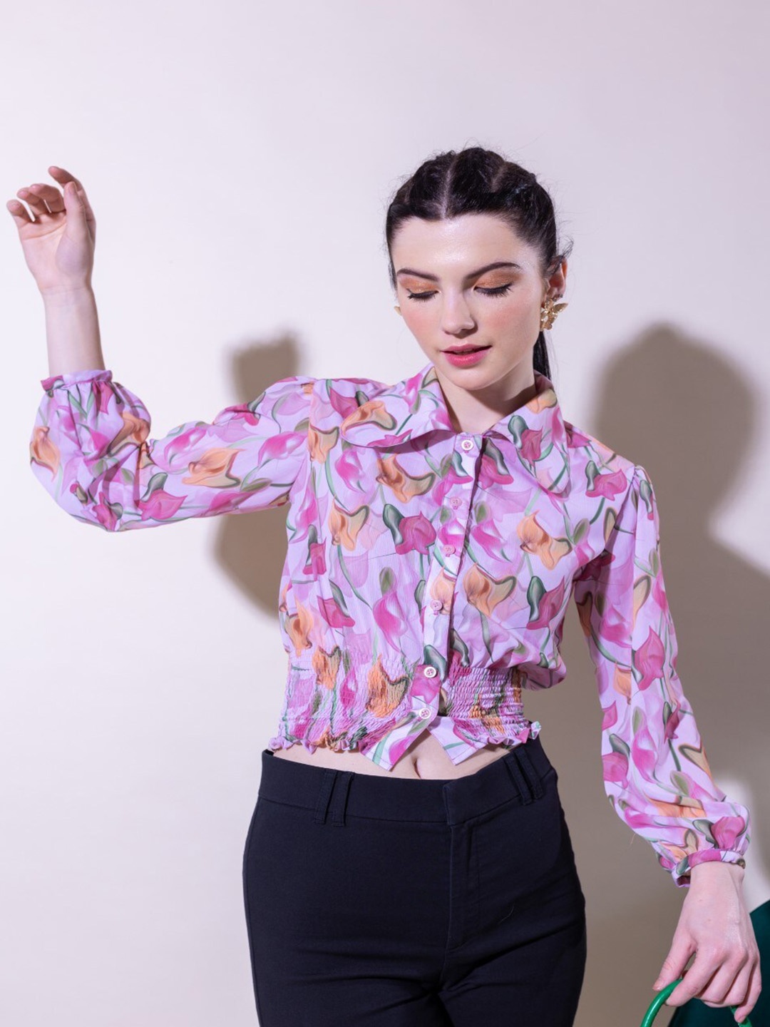 

Stylecast X Hersheinbox Lavender Floral Printed Smocking Shirt Style Crop Top