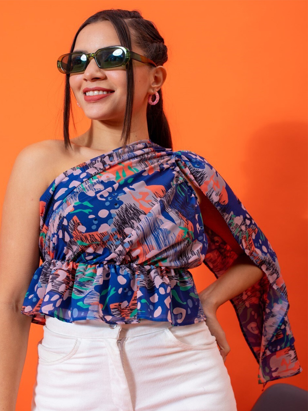 

Stylecast X Hersheinbox One Shoulder Floral Print Georgette Top, Blue
