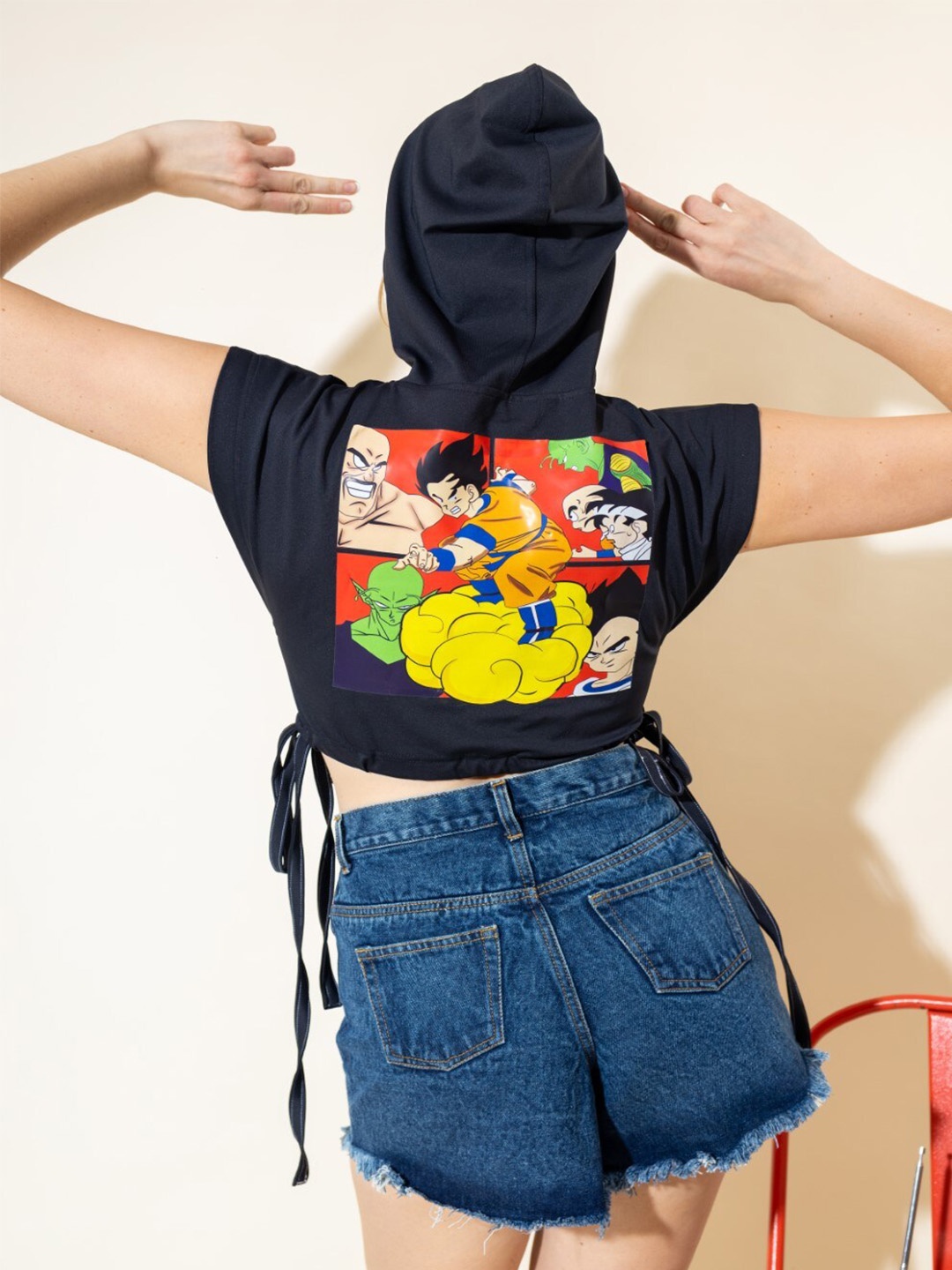 

Stylecast X Hersheinbox Black Dragon Ball Z Printed Fringed Short Sleeves Hood Crop Top