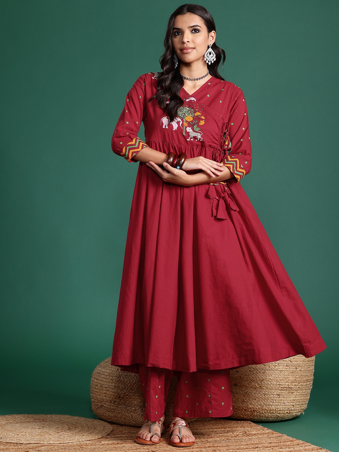 

Sangria Ethnic Motifs Printed Angrakha Pure Cotton Kurta with Palazzos, Maroon