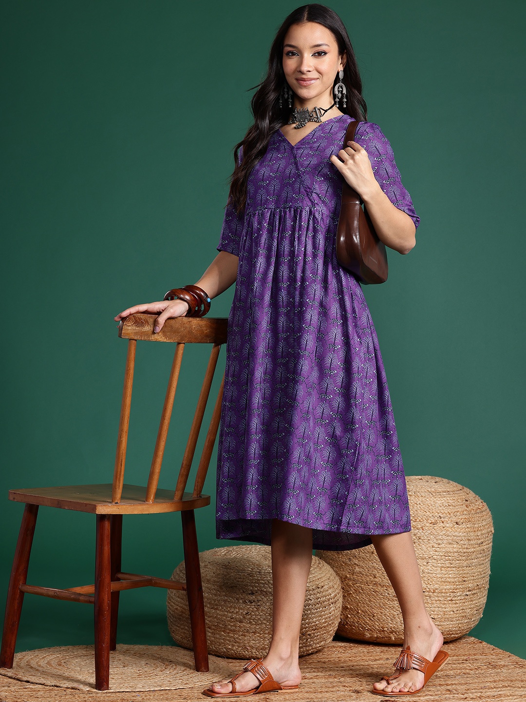 

Sangria Ethnic Motifs Print Wrap Midi Dress, Purple