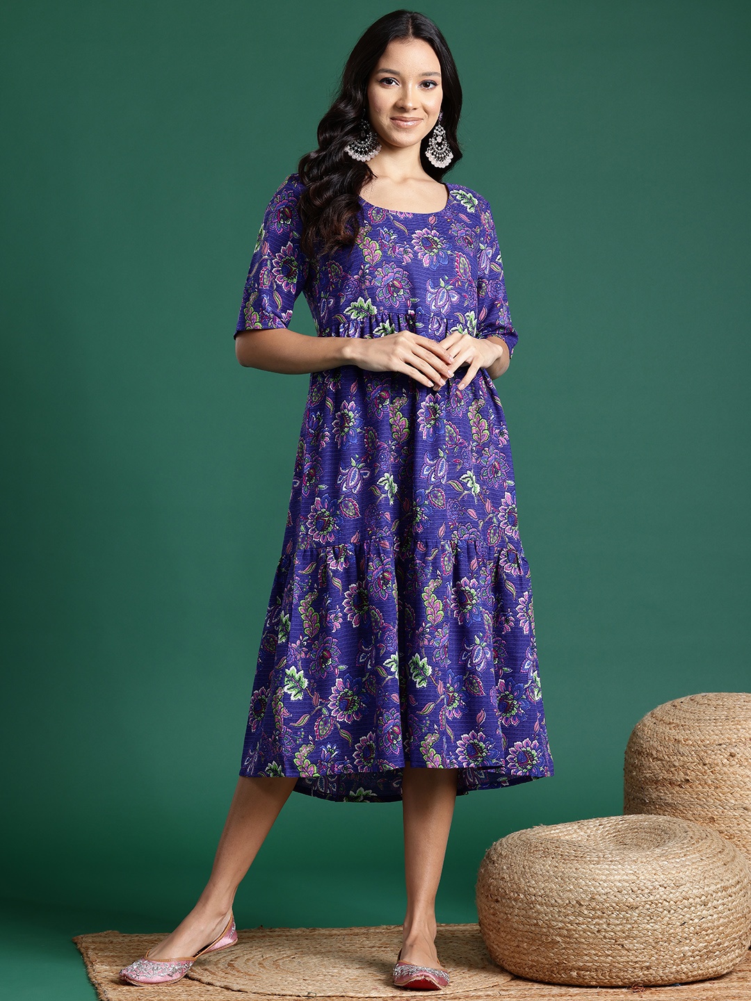 

Sangria Floral Print Tiered Midi Ethnic Dress, Purple