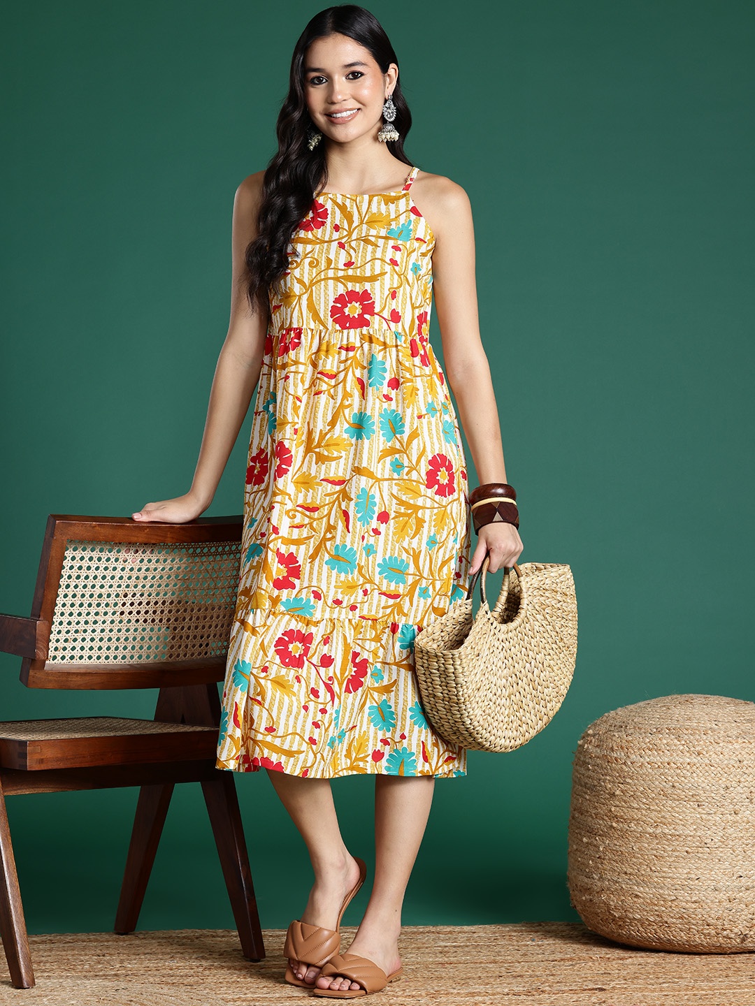 

Sangria Floral Print Tiered A-Line Midi Dress, Yellow