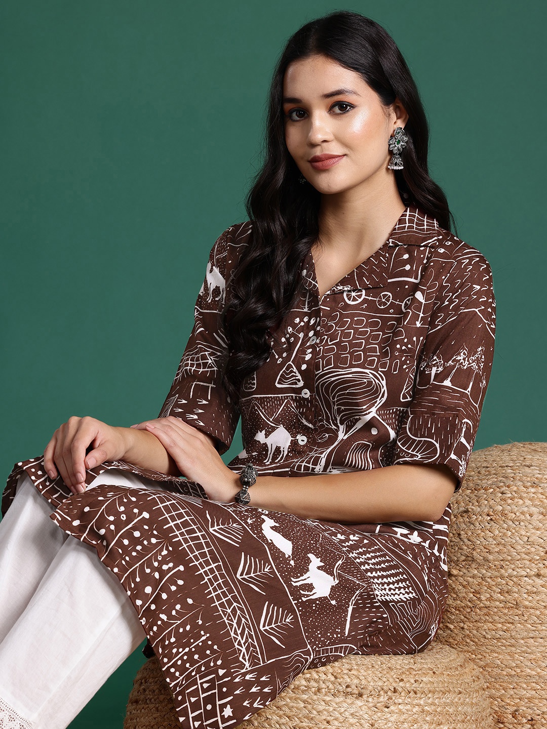 

Sangria Cuban Collar Printed Kurta, Brown