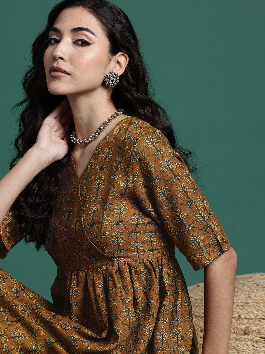 

Sangria Ethnic Printed A-Line Dress, Mustard