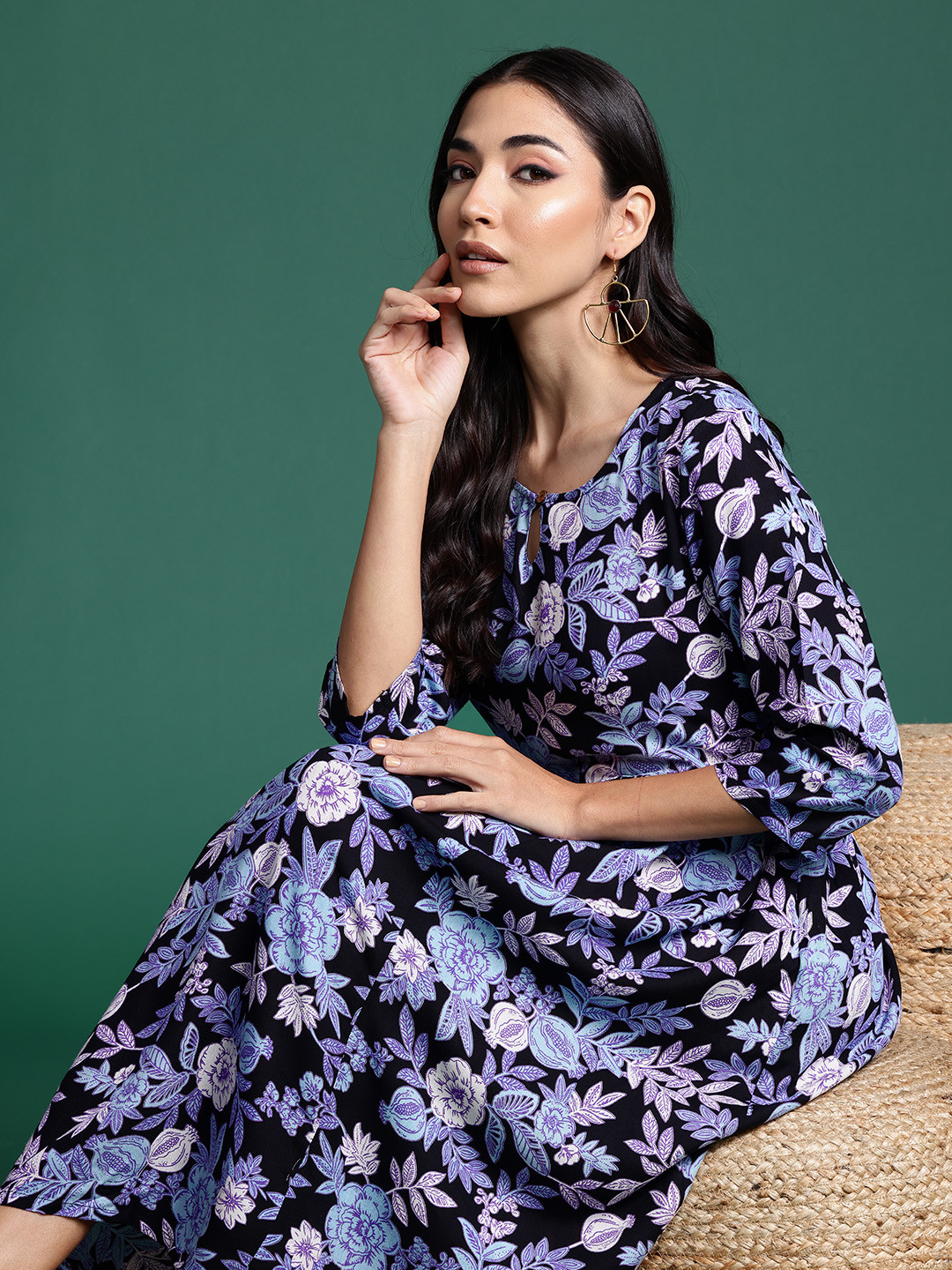 

Sangria Floral Printed A-Line Ethnic Dresses, Blue