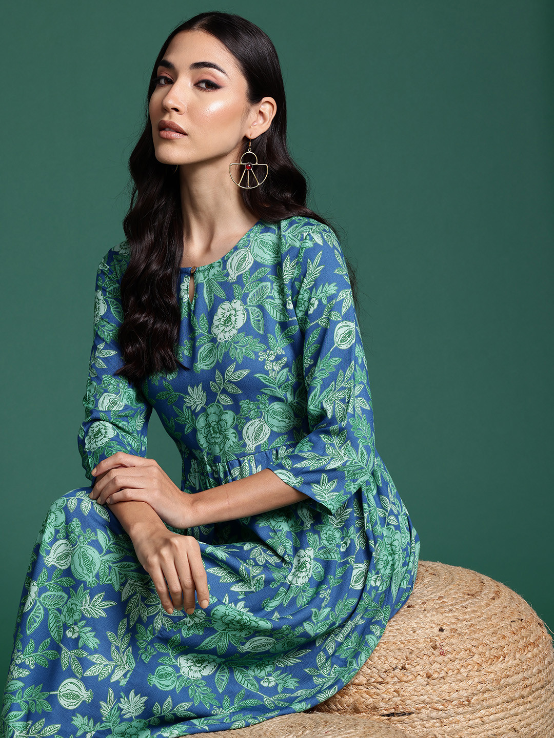 

Sangria Tropical Printed A-Line Ethnic Dresses, Blue