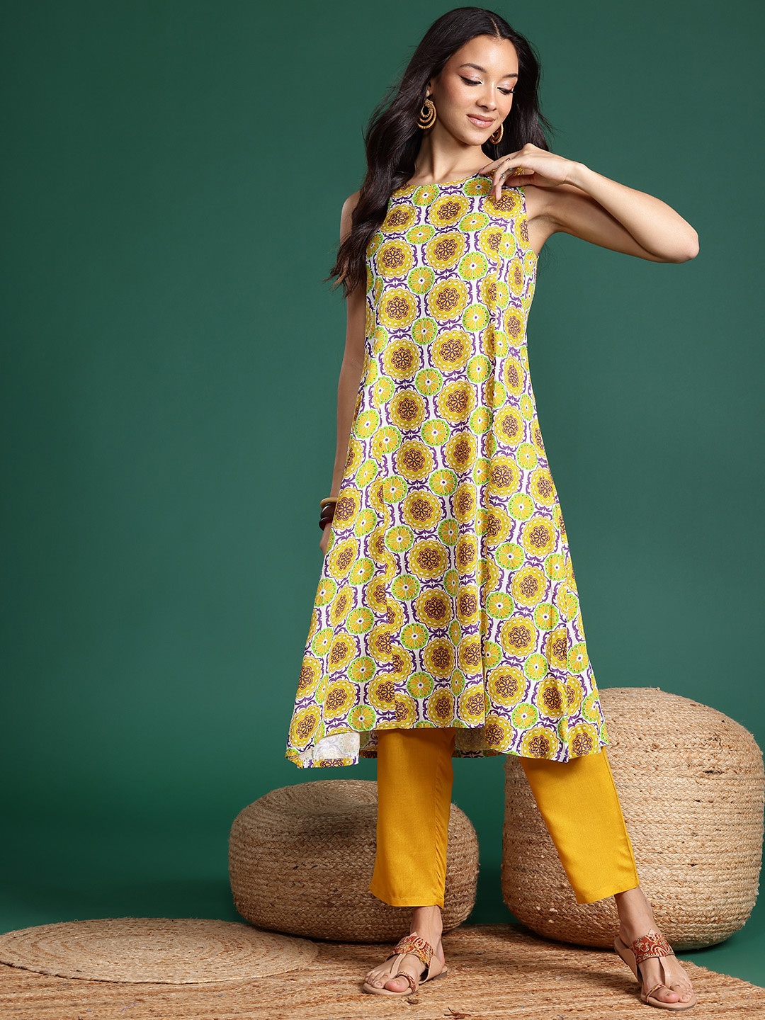 

Sangria Women Ethnic Motifs Printed Kurta with Trousers, Mustard