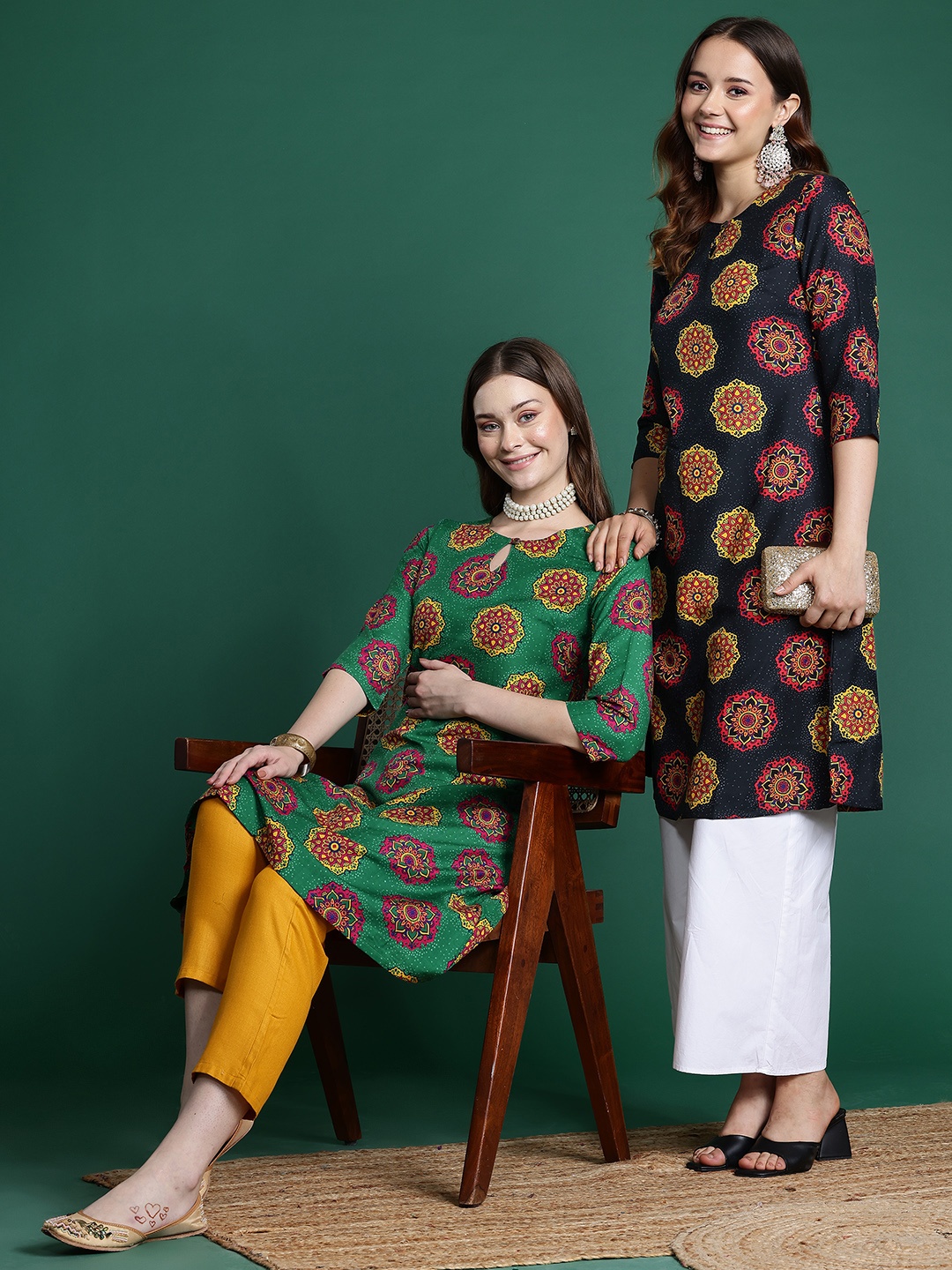 

Sangria Ethnic Motifs Print A-Line Kurta, Black