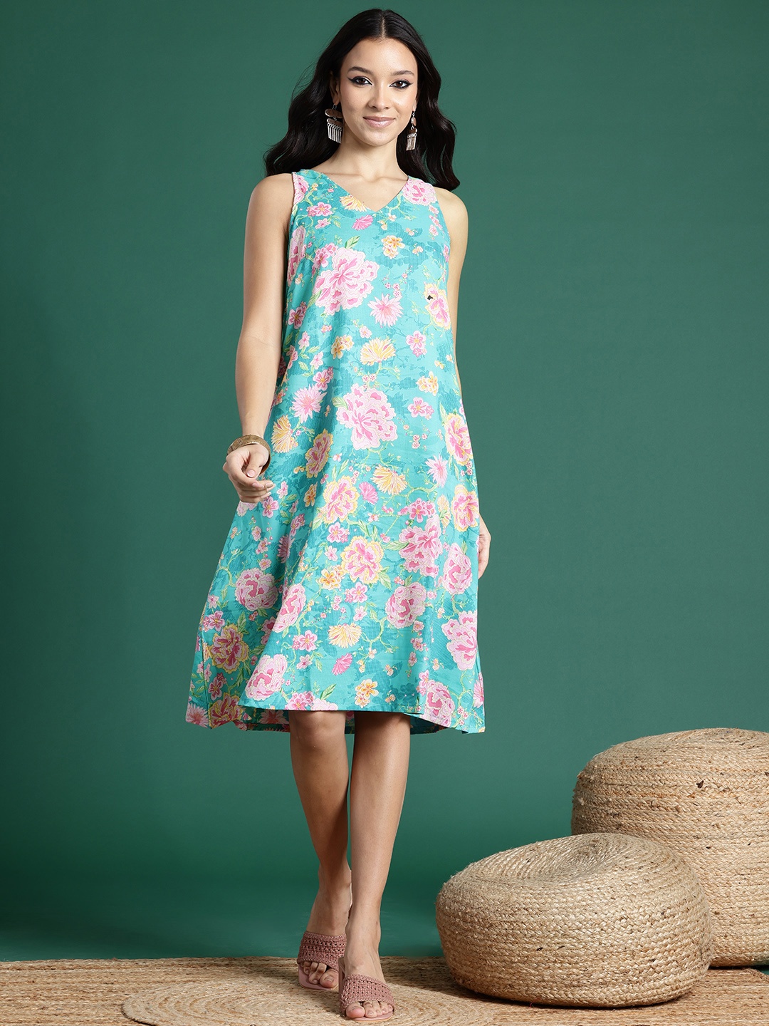 

Sangria Indie Floral A-Line Ethnic Dress, Blue