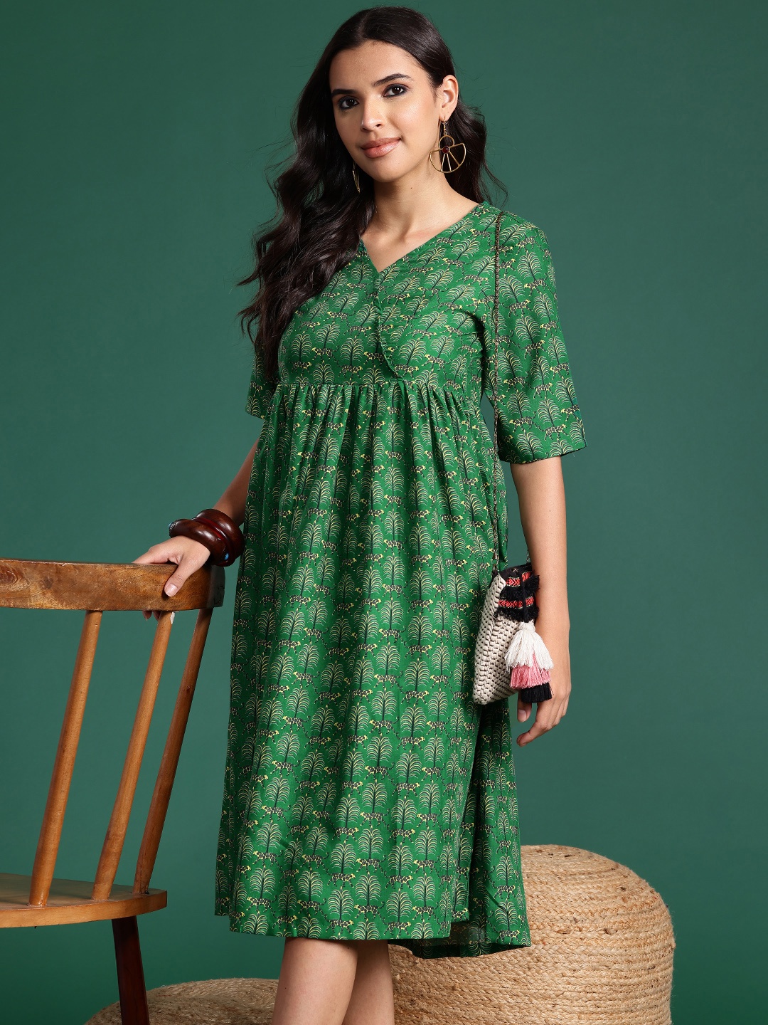 

Sangria Tribal Print Wrap Midi Dress, Green