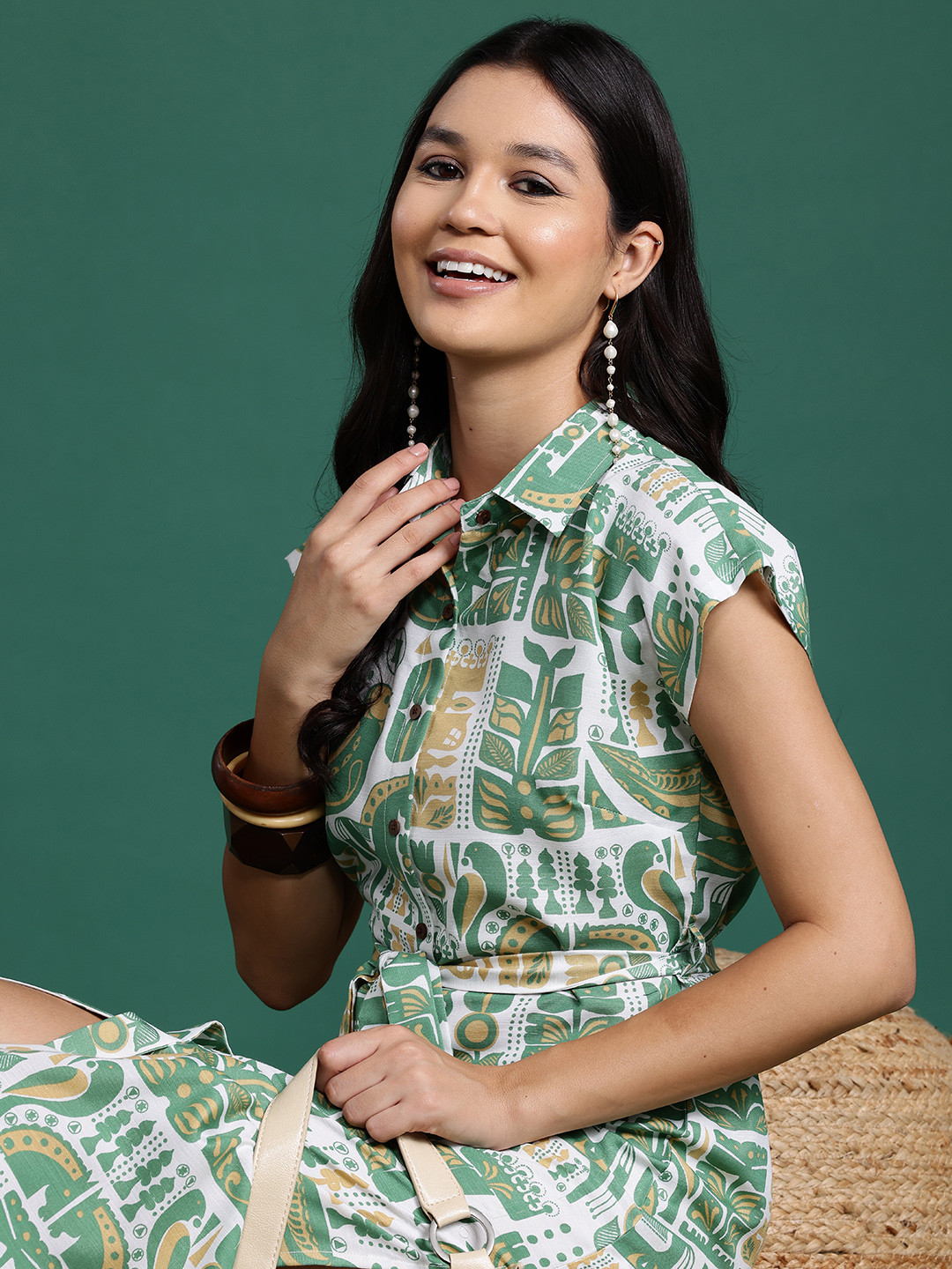 

Sangria Printed Tie-Up Shirt Dress, Green