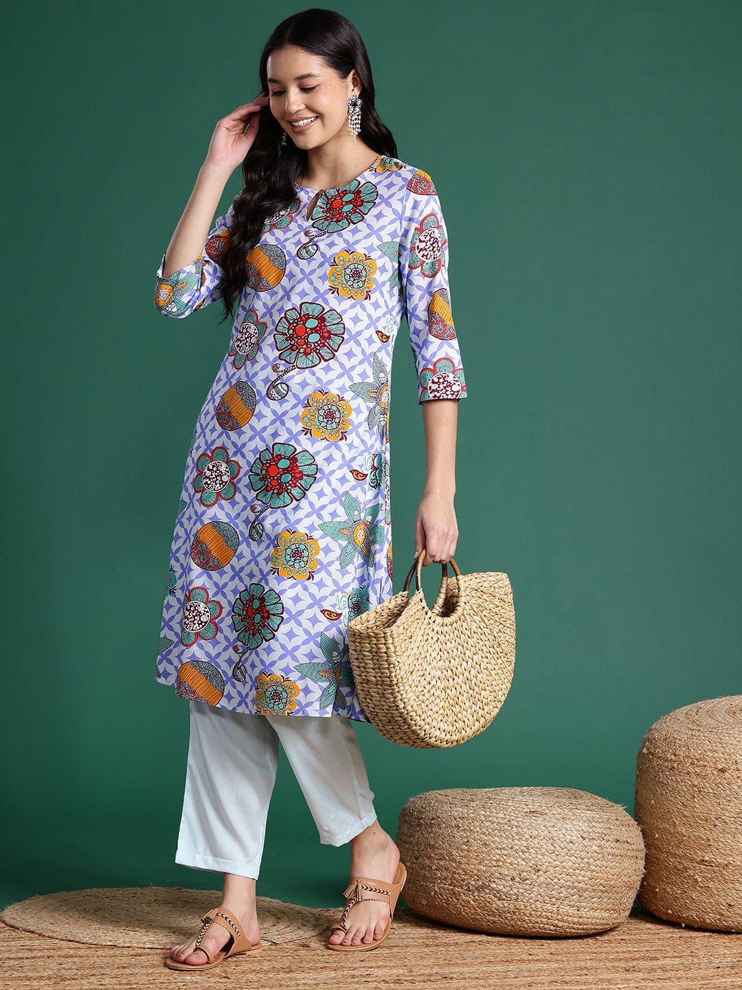 

Sangria Ethnic Motifs Straight Kurta with Trousers, Blue