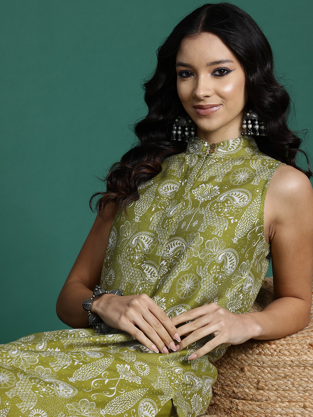 

Sangria Ethnic Motifs Print A-line Kurta with Trousers, Green