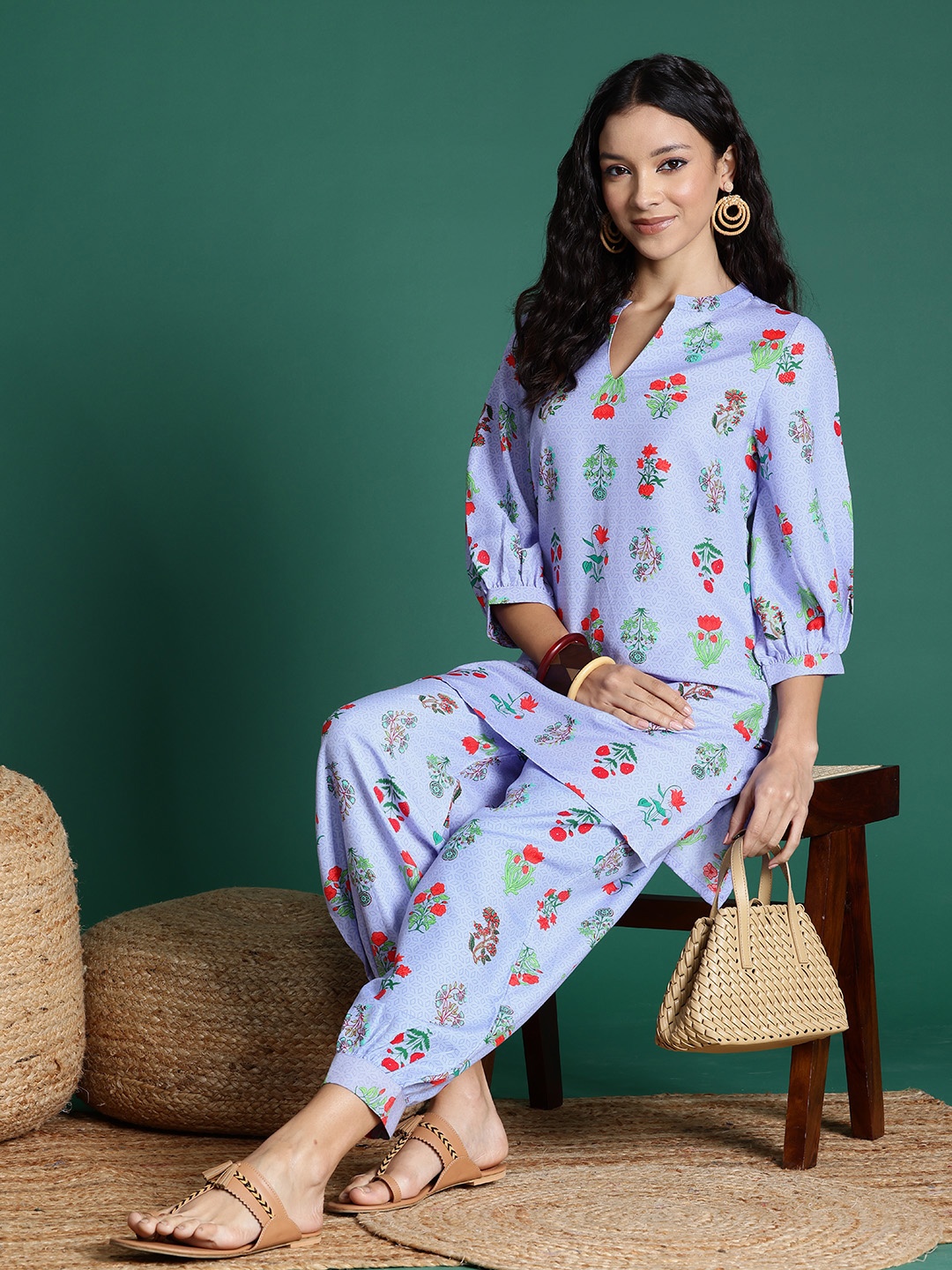 

Sangria Floral Print Kurta with Salwar, Blue
