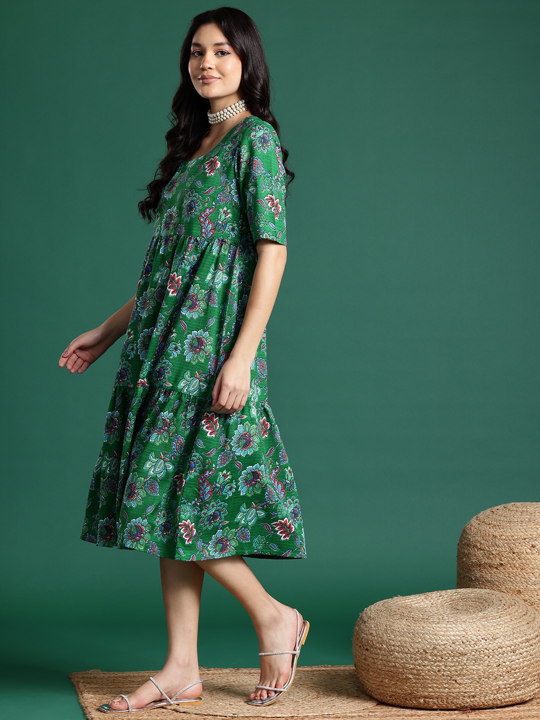 

Sangria Floral Print Tiered Midi Ethnic Dress, Green