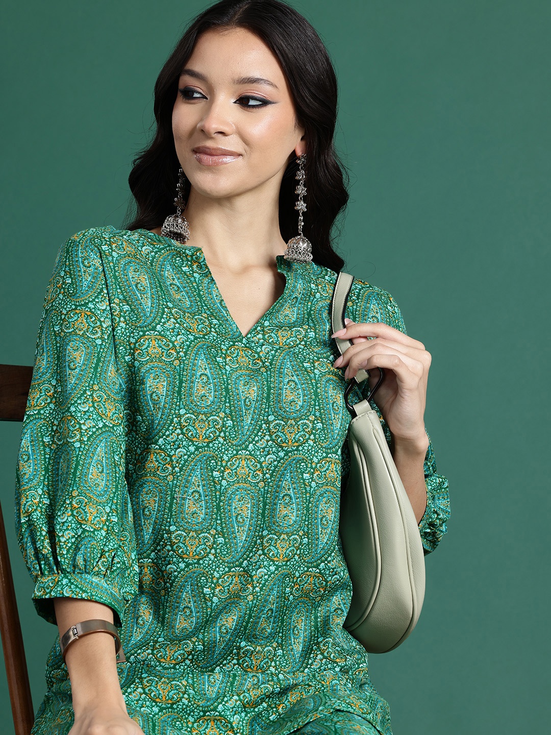 

Sangria Women Ethnic Motifs Printed Pure Cotton Kurta with Salwar, Green