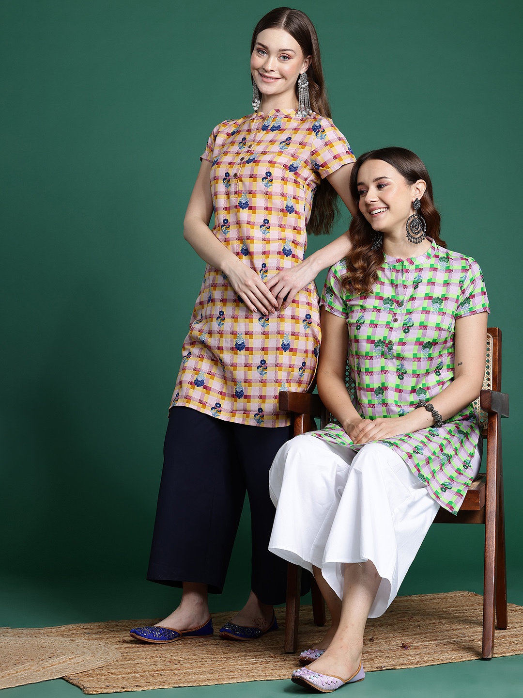 

Sangria Checked Indie Floral High-Low Kurta, Pink
