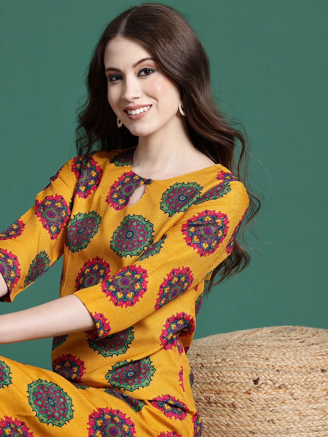 

Sangria Ethnic Motifs Print A-Line Kurta, Mustard