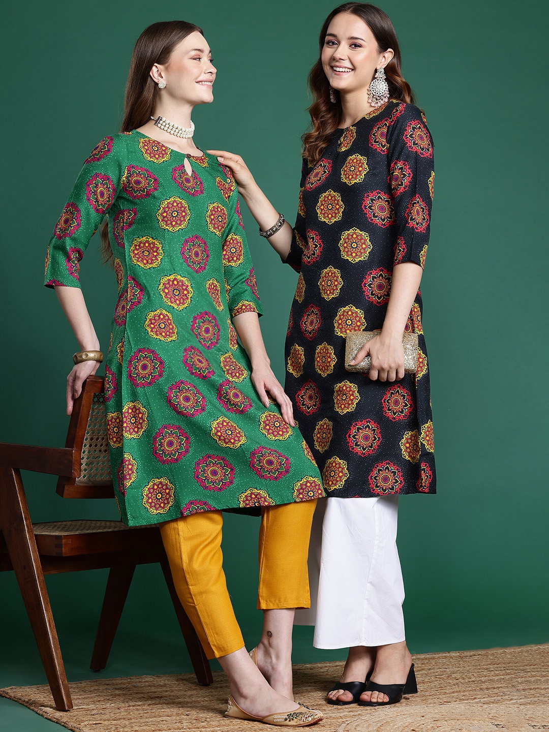 

Sangria Ethnic Motifs Print A-Line Kurta, Green