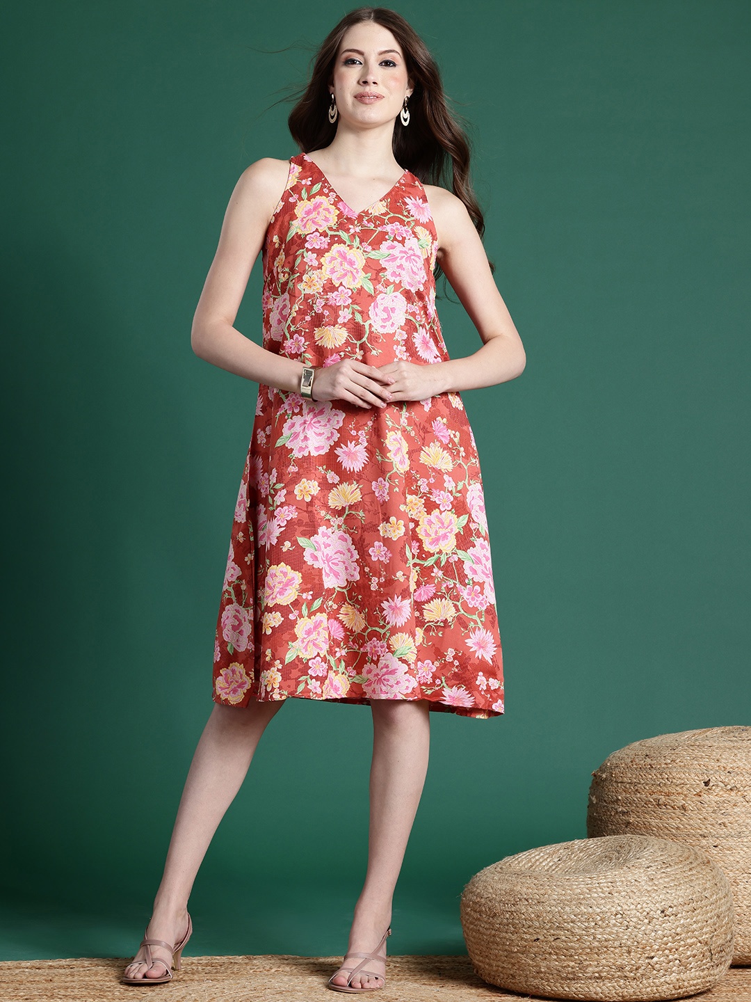 

Sangria Indie Floral A-Line Ethnic Dress, Rust