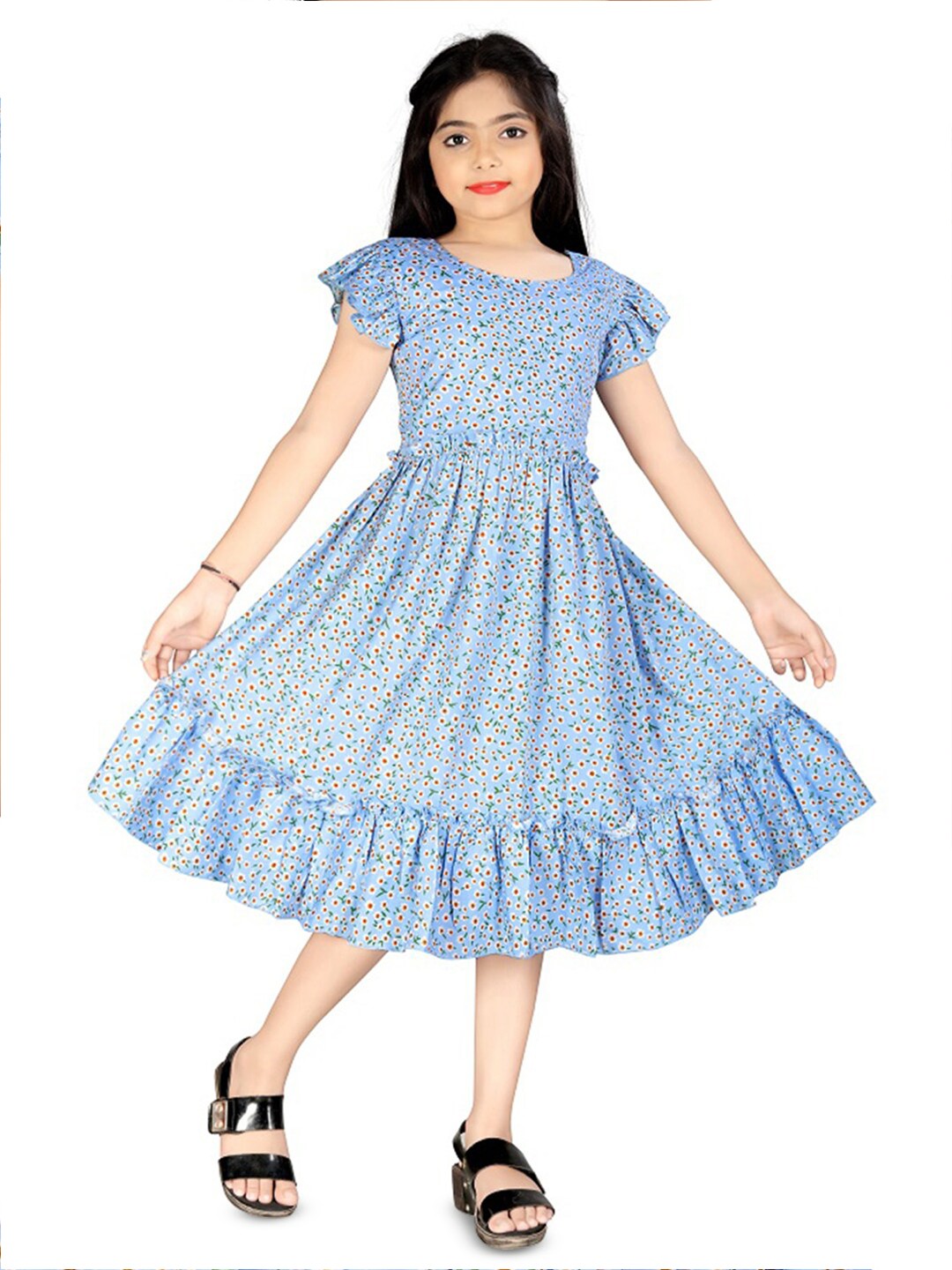 

BAESD Girls Floral Printed Round Neck Fit & Flare Midi Dress, Blue