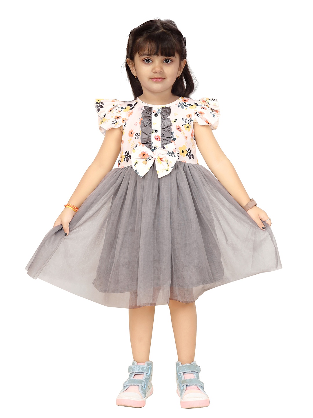 

BAESD Girls Floral Flutter Sleeve Net Fit & Flare Dress, Grey