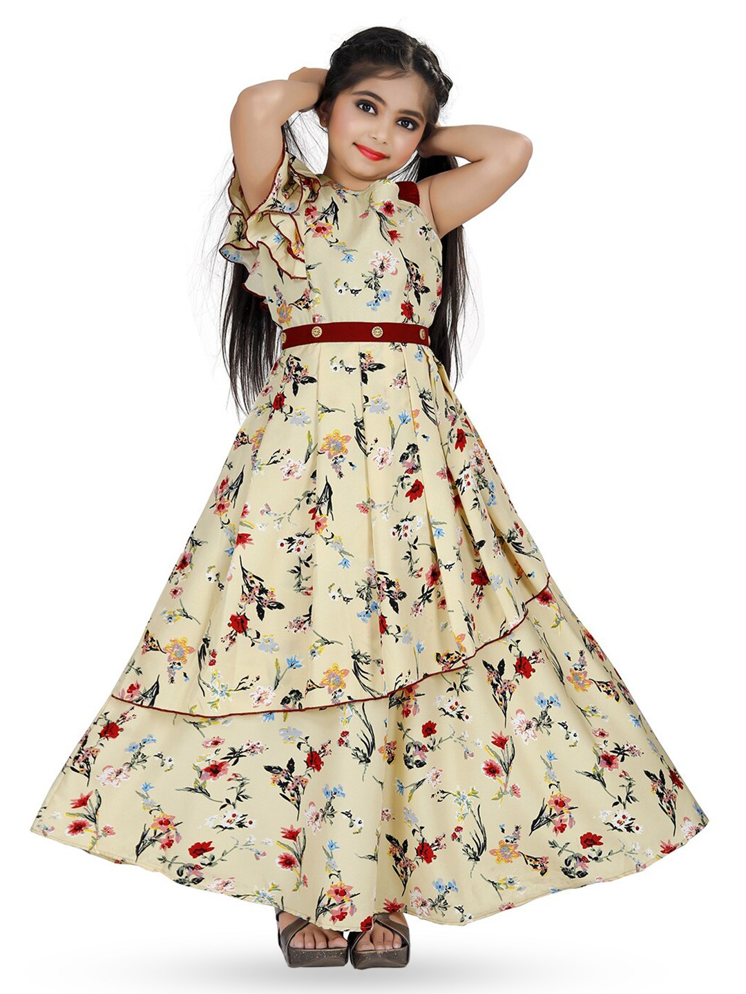 

BAESD Girls Floral Printed Crepe Maxi Dress, Beige