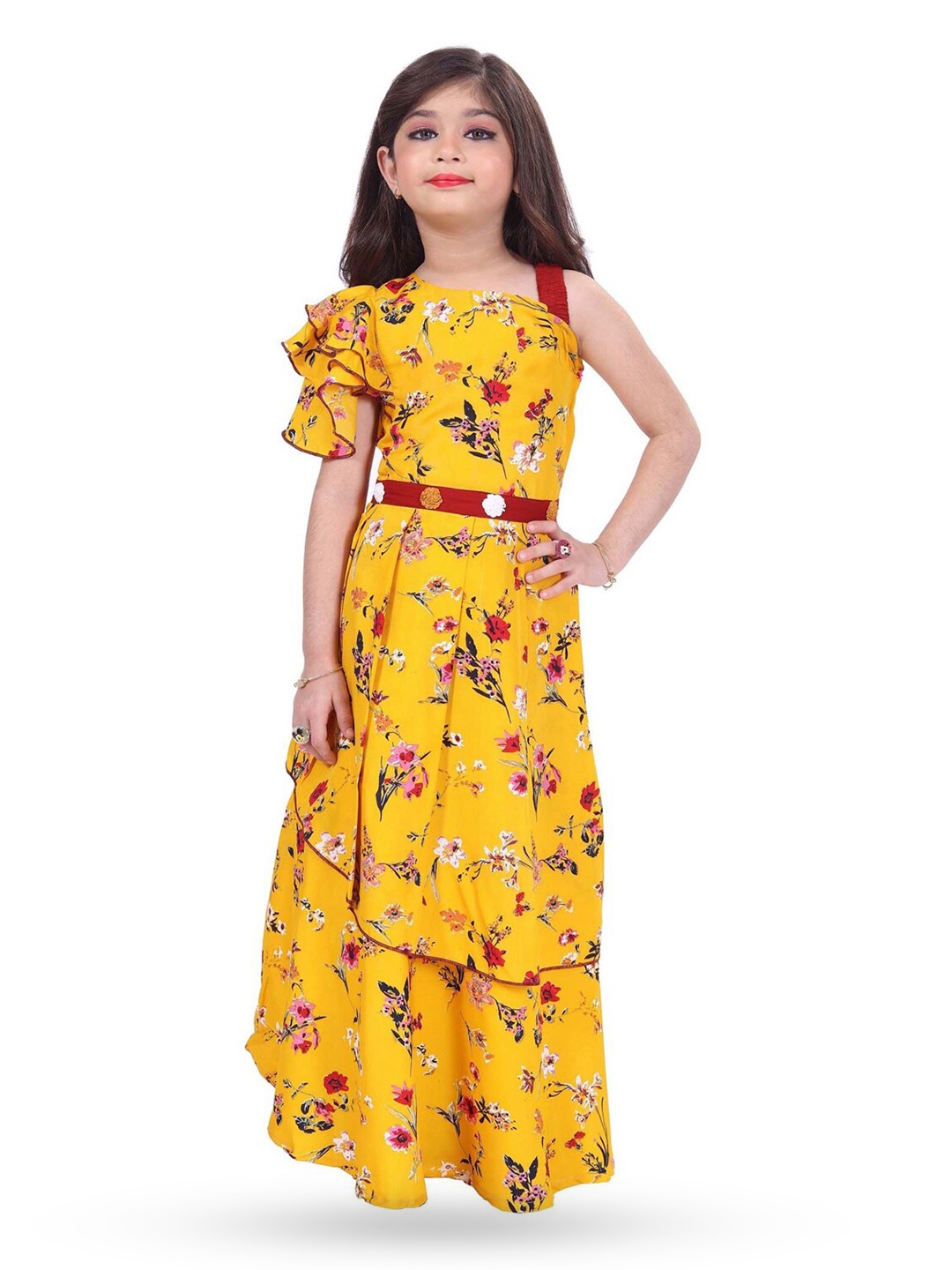 

BAESD Girls Floral Printed Crepe Maxi Midi Dress, Yellow
