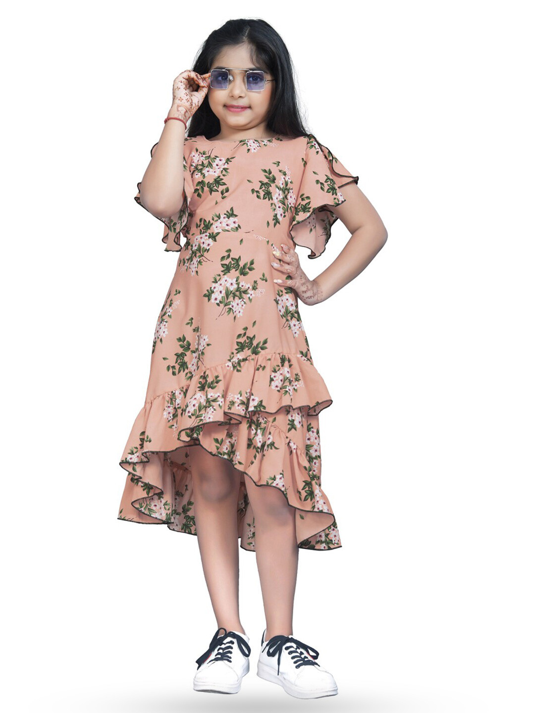 

BAESD Round Neck Floral Printed Flared Sleeve Fit & Flare Midi Dress, Peach