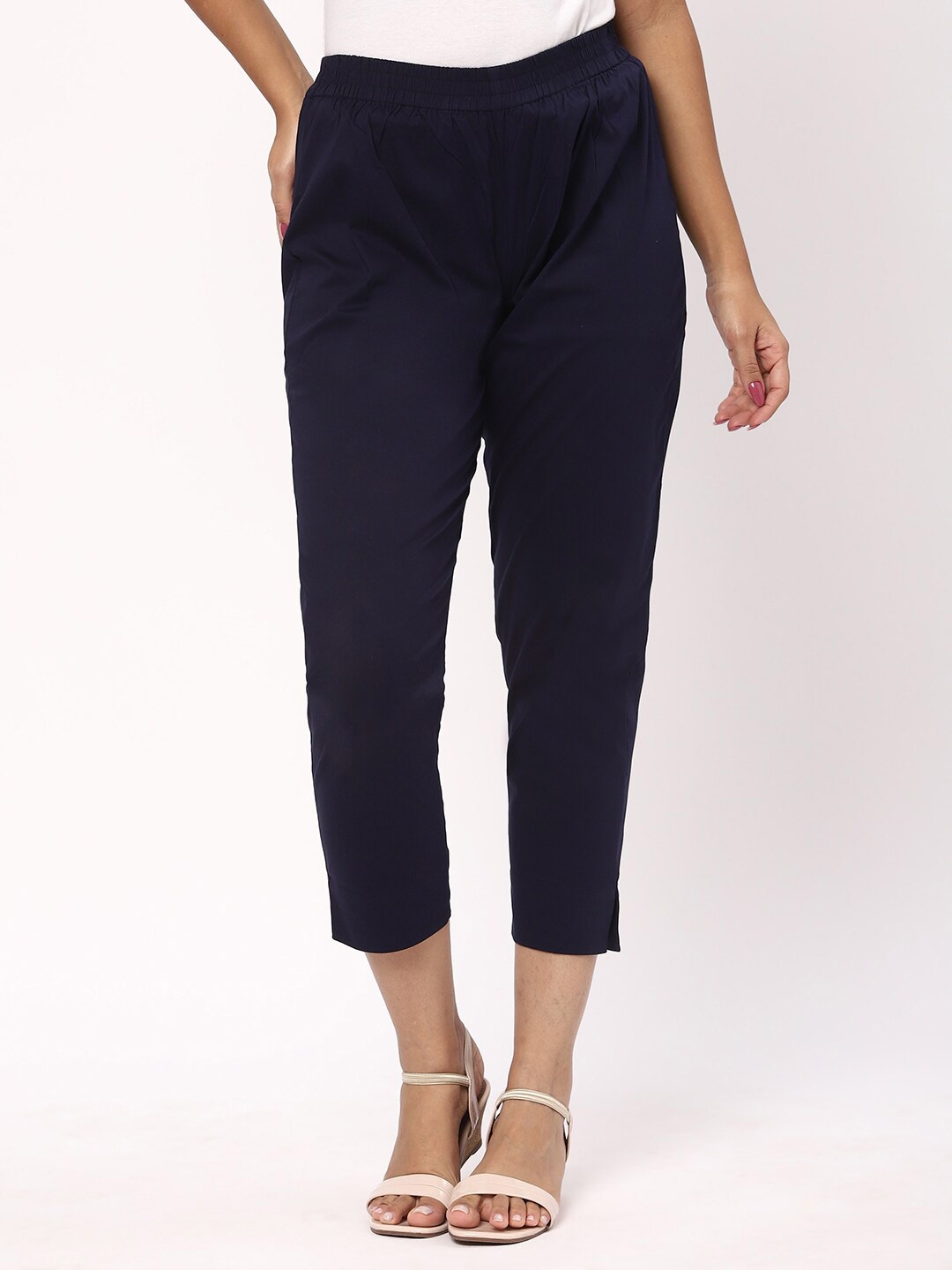 

R&B Mid-Rise Regular Fit Cropped Cotton Trousers, Blue