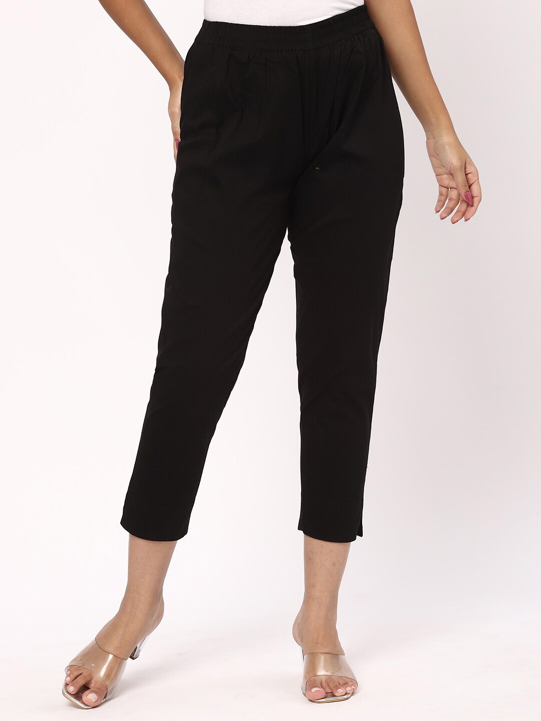 

R&B Women Mid-Rise Regular Fit Pleated Cotton Trousers, Black