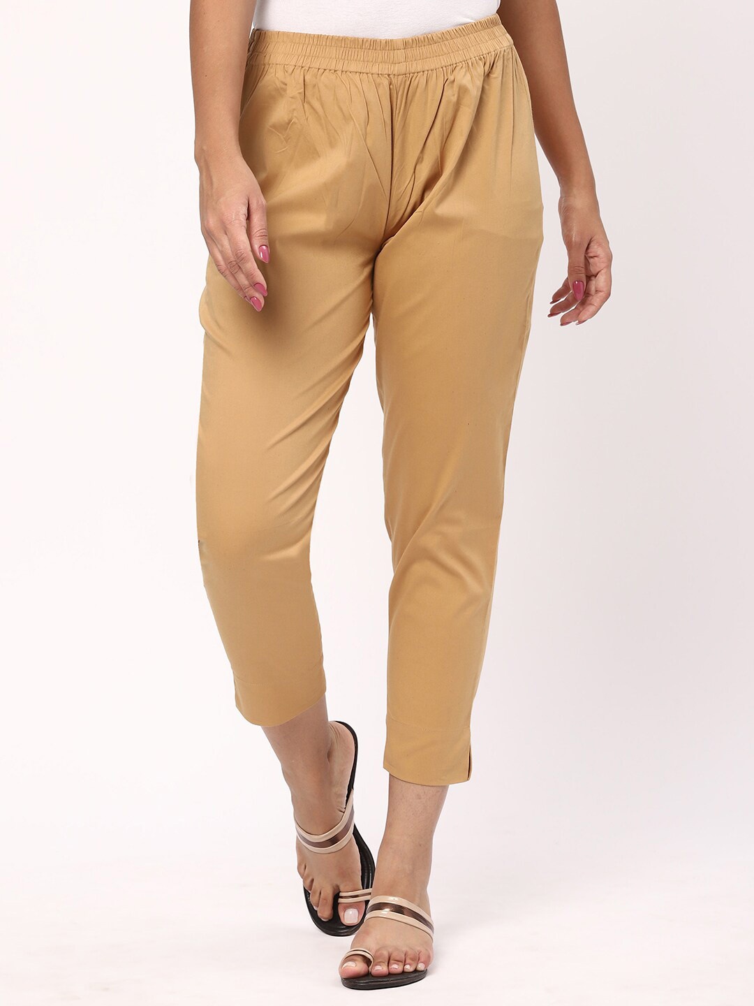 

R&B Women Mid-Rise Cropped Cotton Cigarette Trousers, Beige