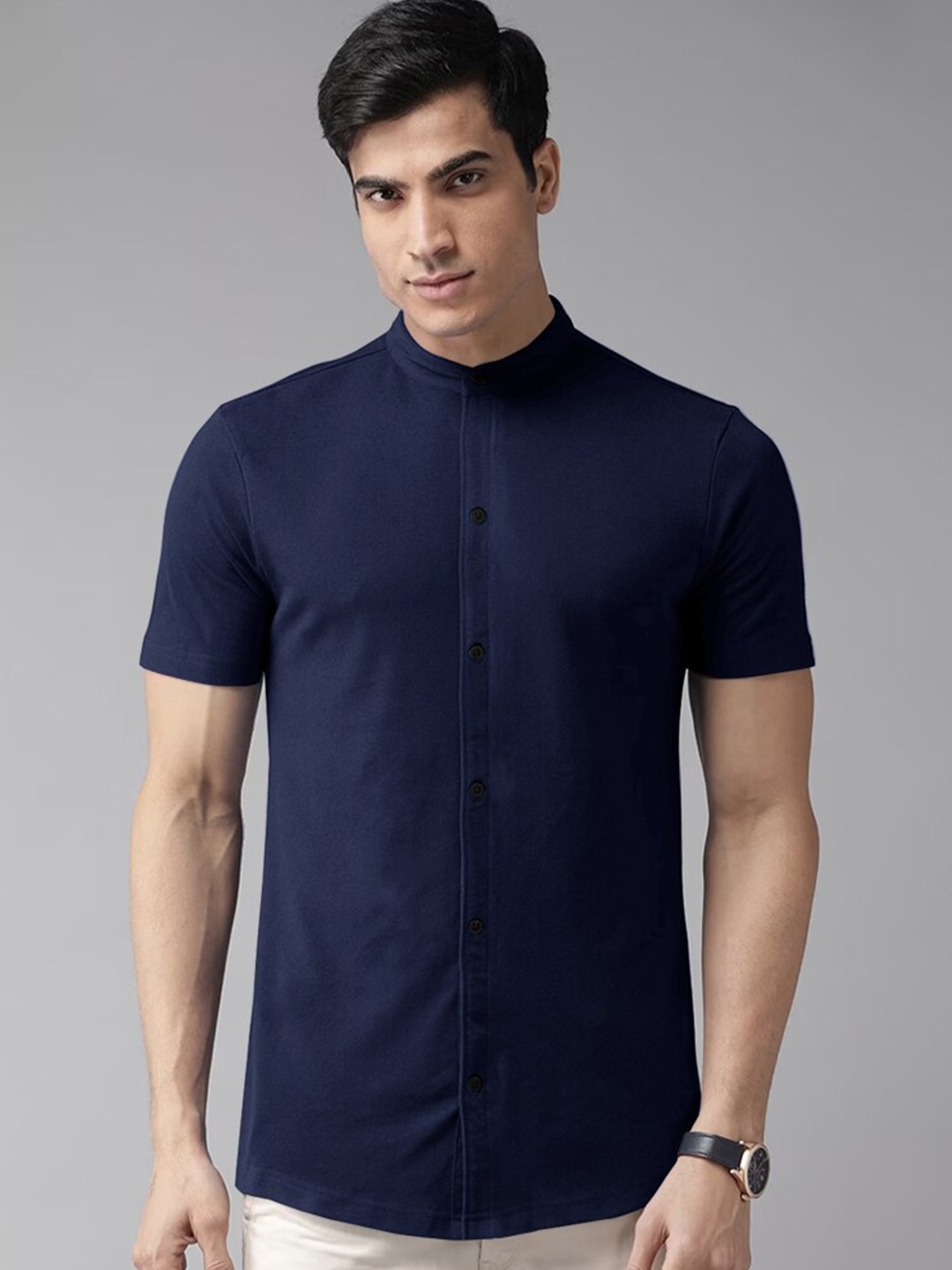 

Eyebogler Band Collar Cotton Casual Shirt, Navy blue