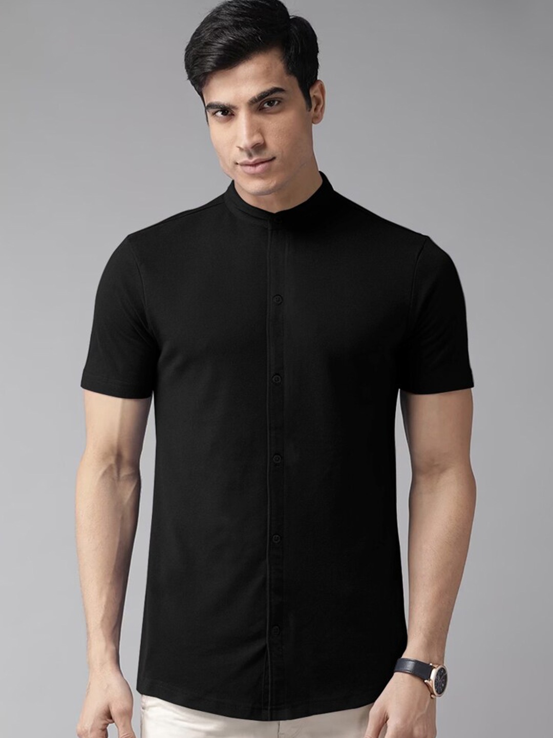 

Eyebogler Band Collar Cotton Casual Shirt, Black