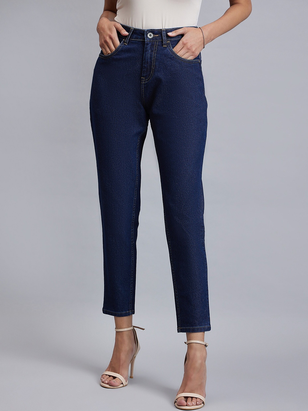 

Chemistry Women Comfort Mom Fit High-Rise Clean Look Cropped Stretchable Jeans, Blue