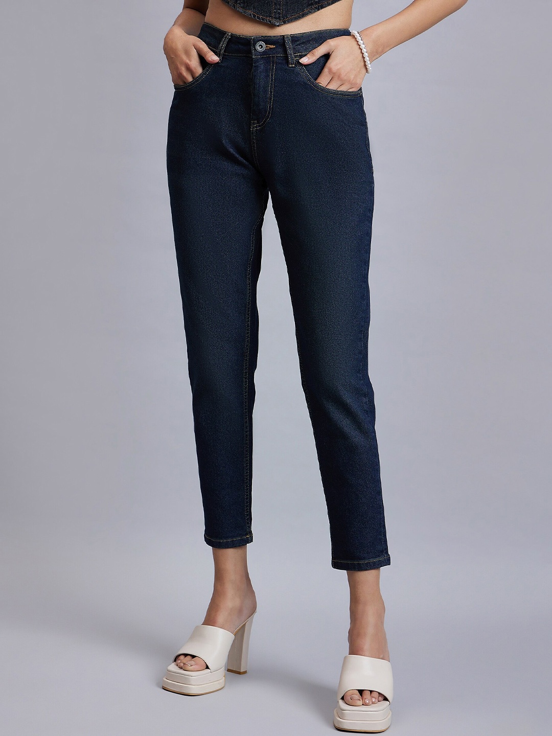 

Chemistry Women Comfort Mom Fit High-Rise Clean Look Cropped Stretchable Jeans, Blue