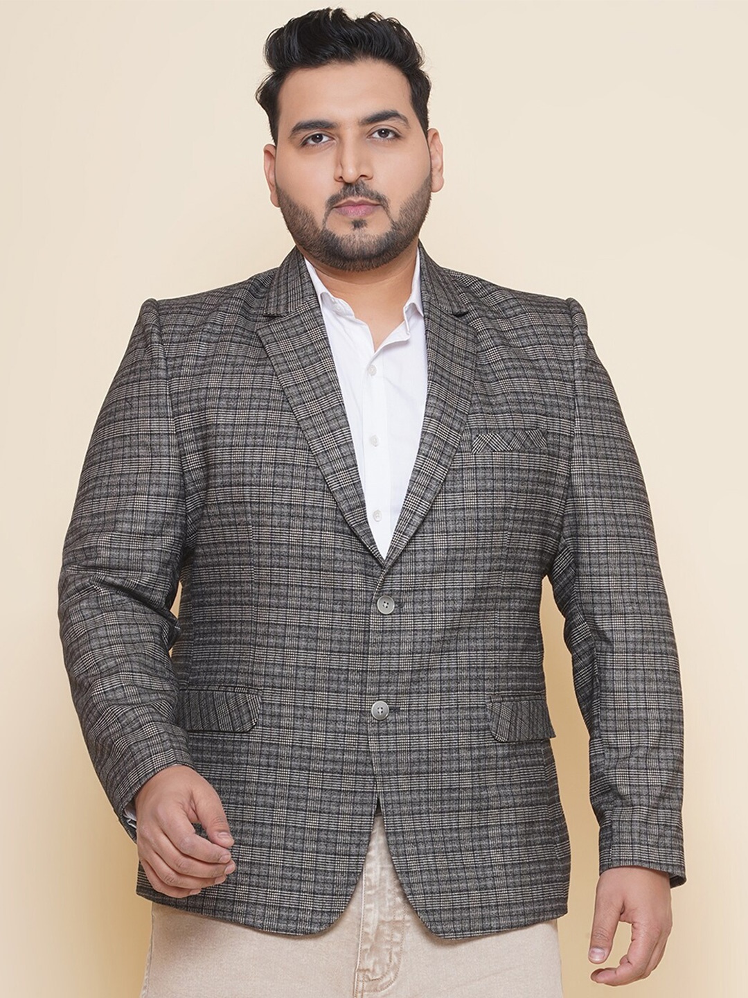 

John Pride Plus Size Checked Single-Breasted Blazers, Grey
