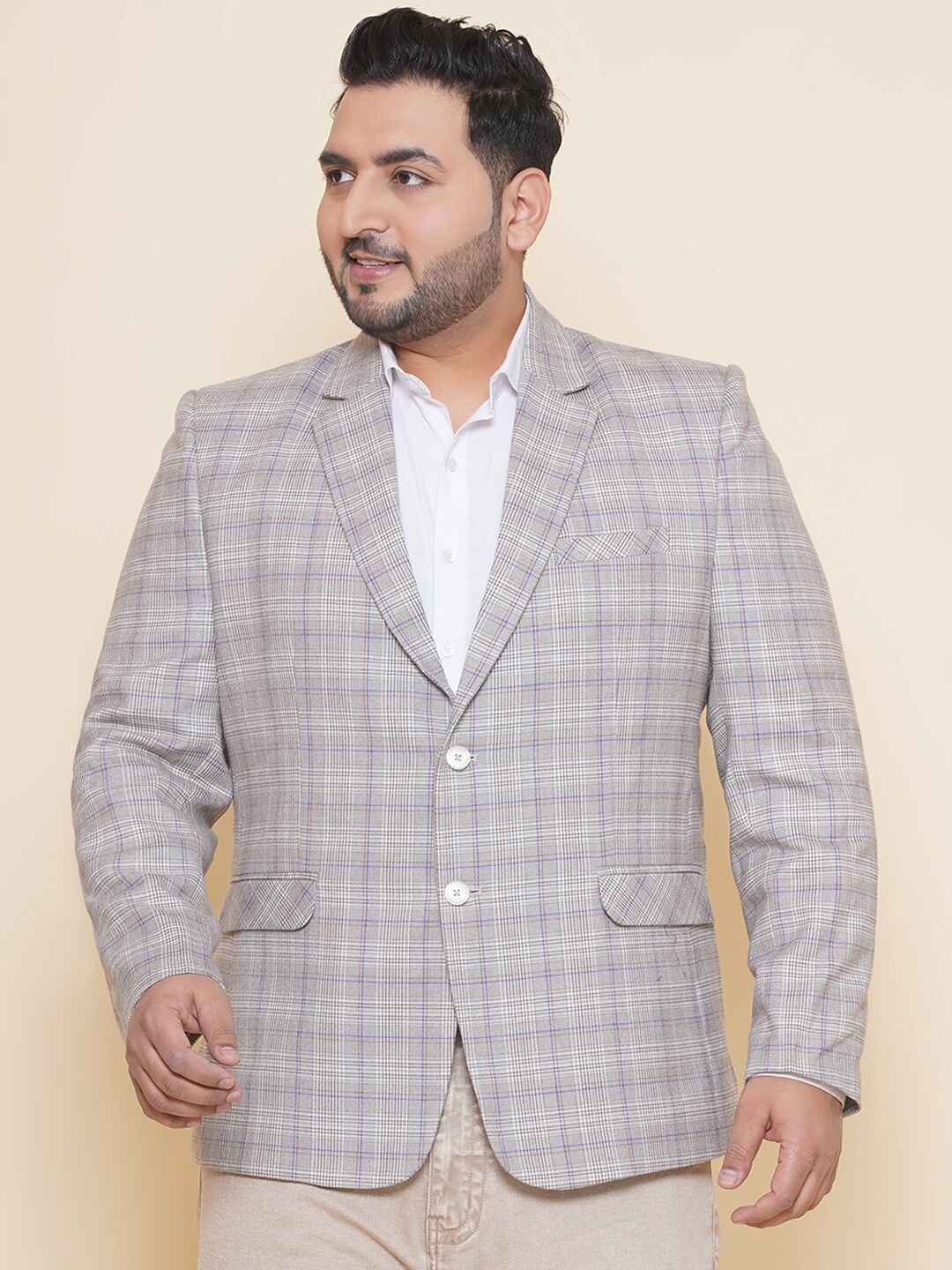 

John Pride Plus Size Checked Single Breasted Blazer, Brown