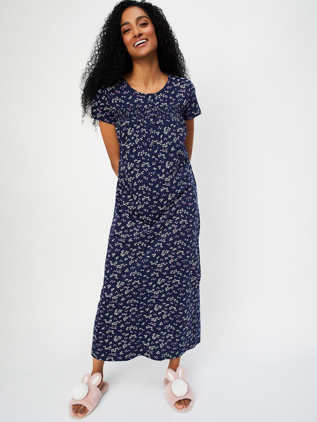 

max Floral Printed Pure Cotton Midi Nightdress, Navy blue