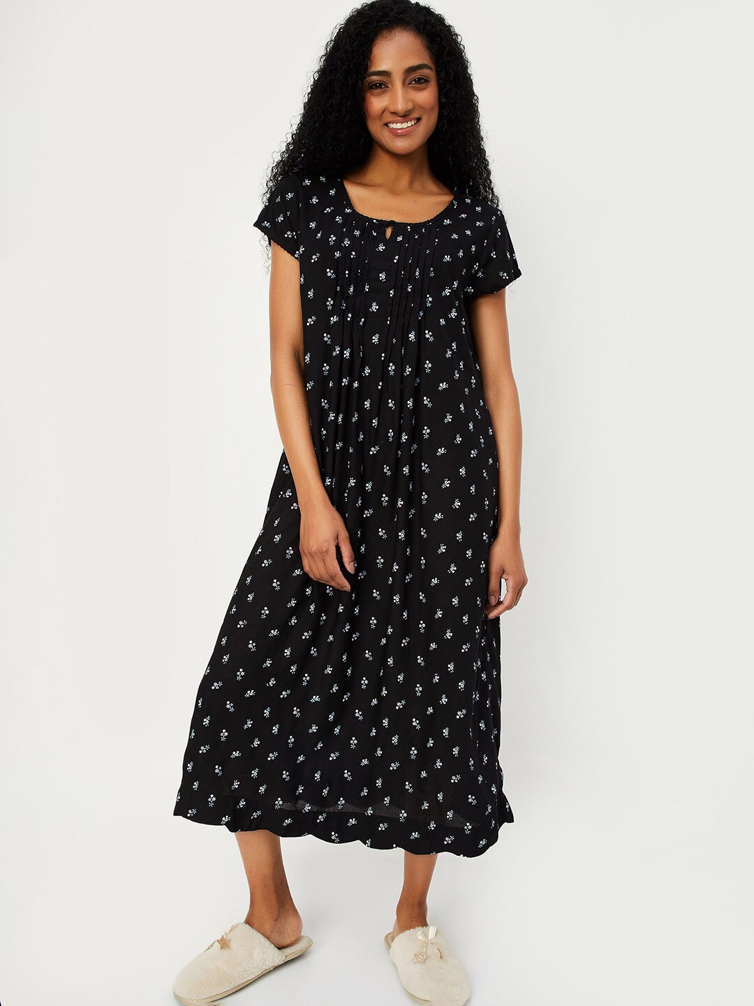 

max Floral Printed Midi Nightdress, Black