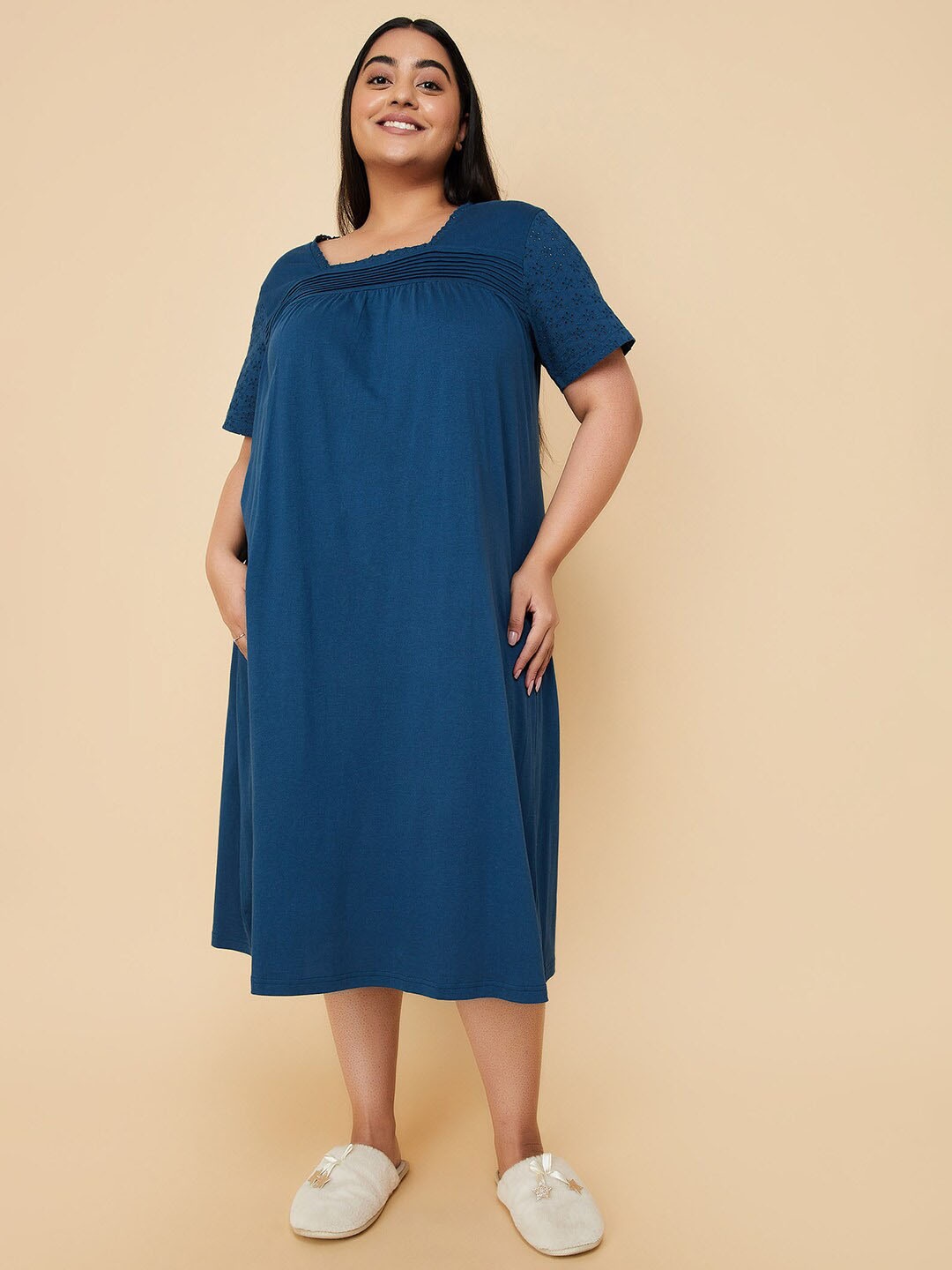 

max Plus Size Square Neck Pure Cotton Midi Nightdress, Navy blue