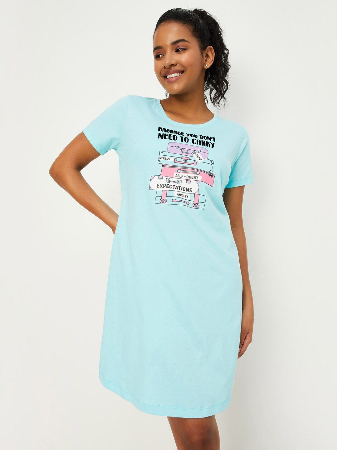 

max Graphic Printed Pure Cotton T-Shirt Nightdress, Blue