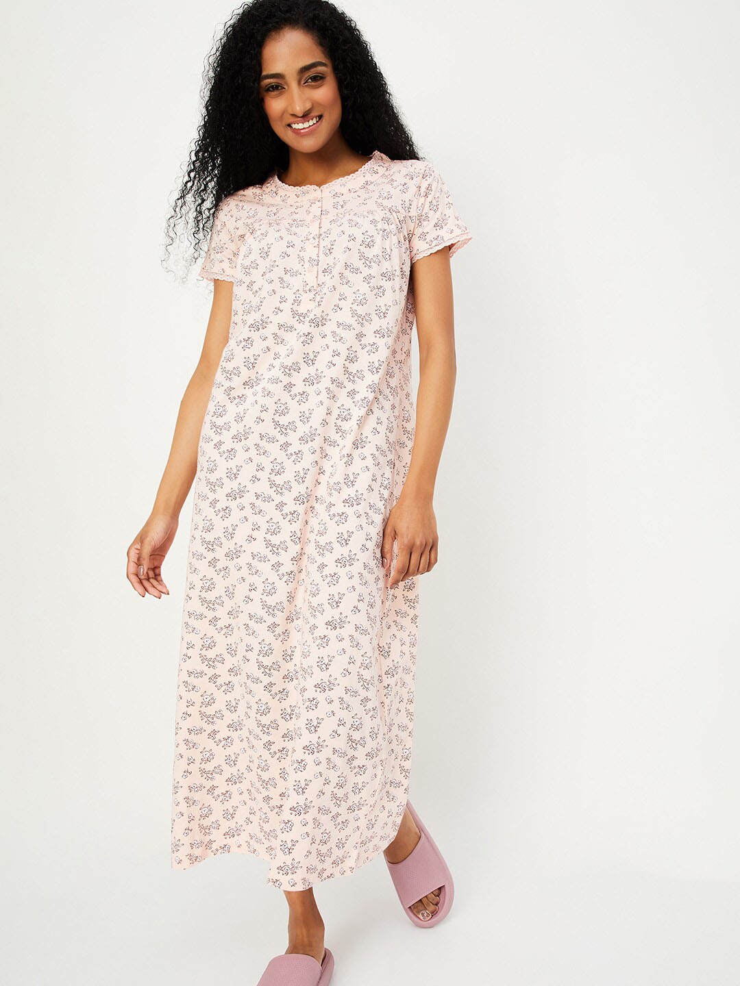 

max Floral Printed Pure Cotton Midi Nightdress, Pink
