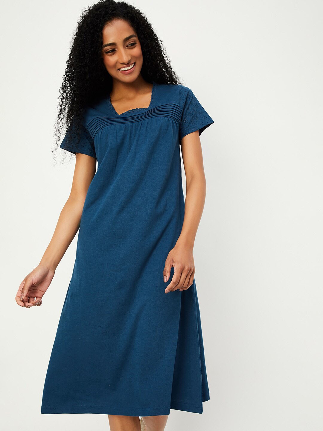 

max Square Neck Schiffli Pure Cotton Midi Nightdress, Blue