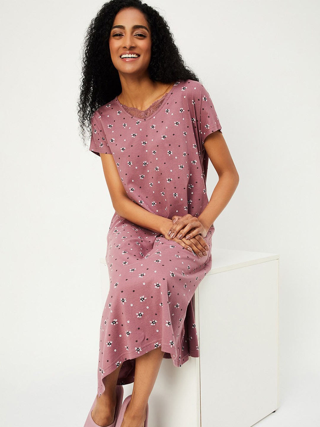 

max Floral Printed Midi Pure Cotton Nightdress, Mauve