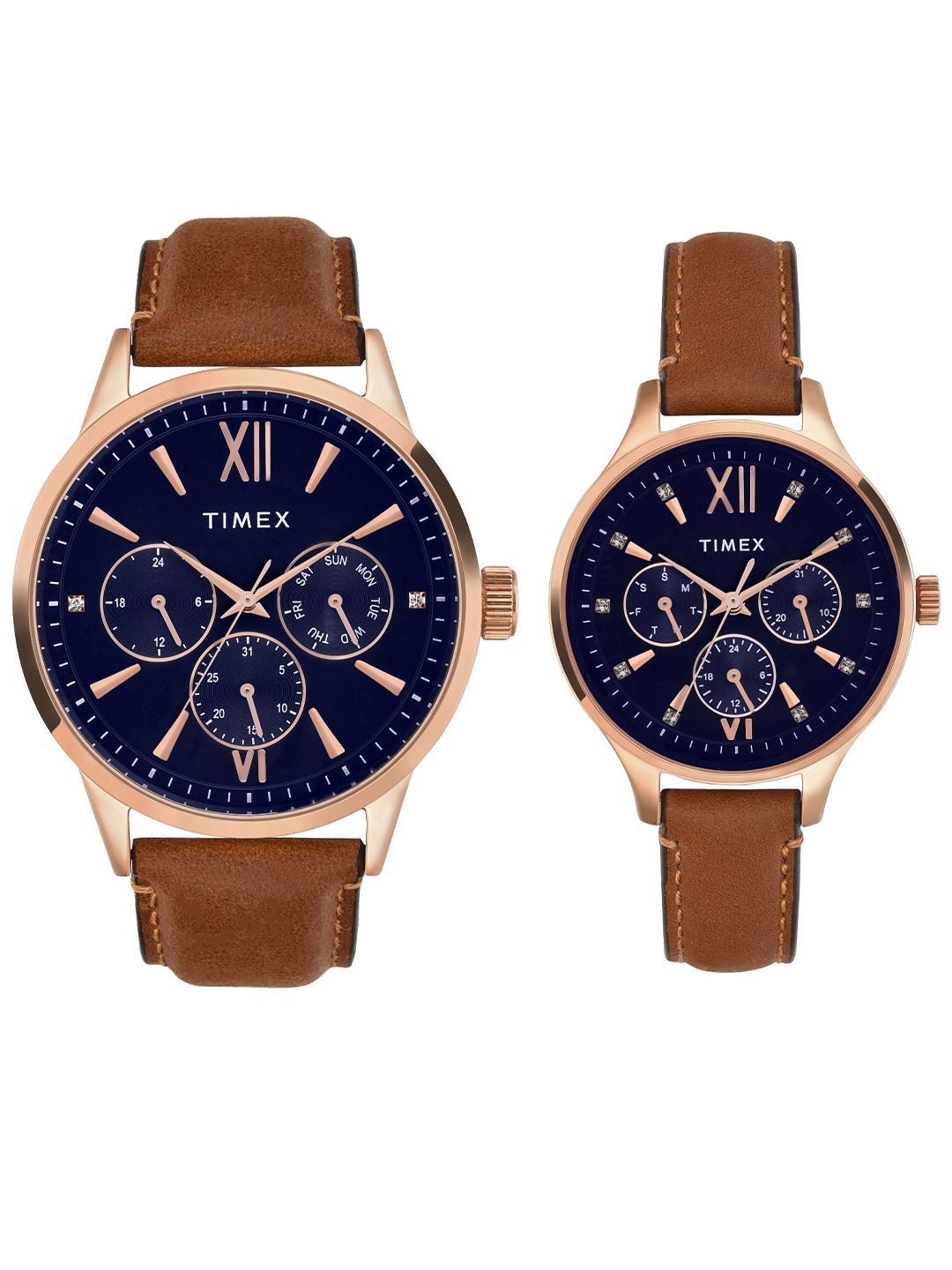 

Timex Unisex Set Of 2 Brass Dial Leather Straps Analogue Watch TW00PR302, Blue