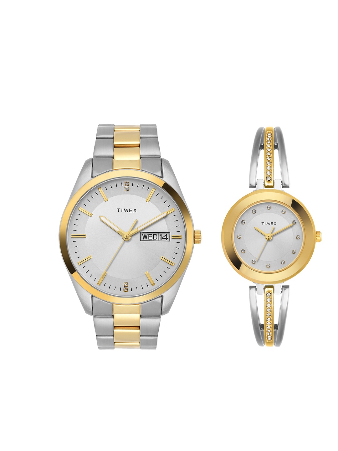 

Timex Unisex Brass Dial Bracelet Style Straps His And Her Analogue Watch TW00PR308, Silver