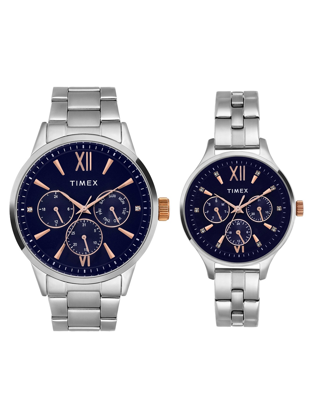 

Timex Pack Of 2 His and Her Stainless Steel Bracelet Style Straps Analogue Watches, Blue