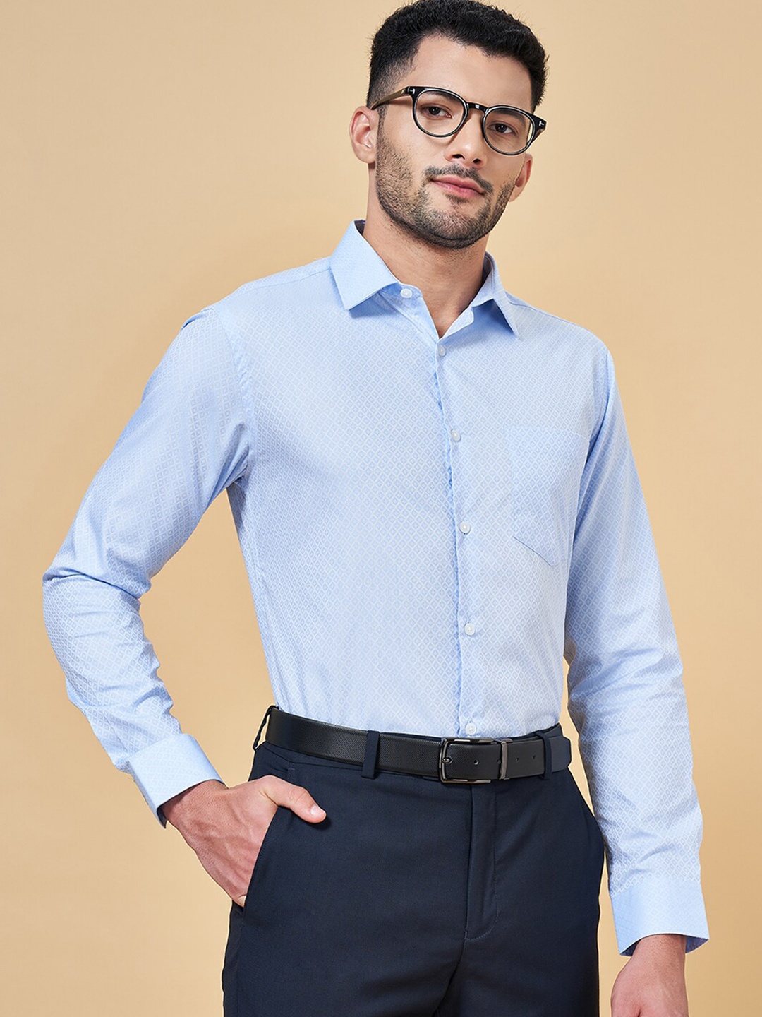 

Peregrine by Pantaloons Slim Fit Micro Ditsy Printed Spread Collar Cotton Formal Shirt, Blue